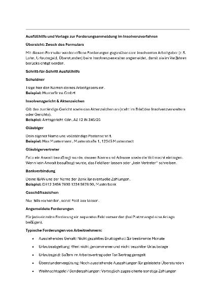 Vorlage Ausfuellhilfe Insolvenzforderungen